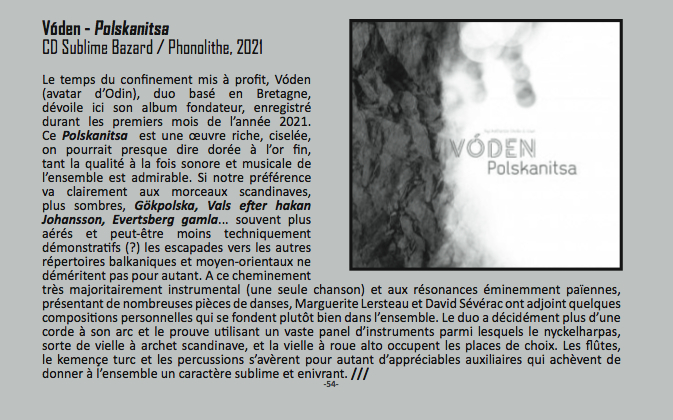 Vóden. David Sévérac. Marguerite Lersteau. Musiques de Scandinavie et des Balkans. Nyckelharpa, vielle à roue, chant, kaval. La Voix des Sirènes.